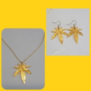 Bright Gold Plated Pot Leaf Necklace & Earrings Set